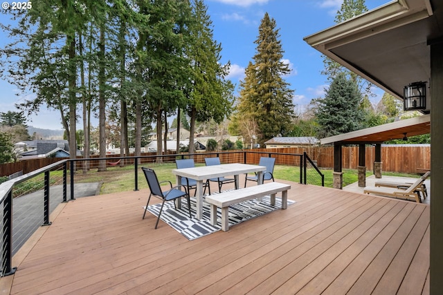 wooden deck featuring a fenced backyard, outdoor dining area, and a lawn