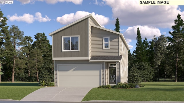 view of front of home featuring a garage, driveway, and a front yard