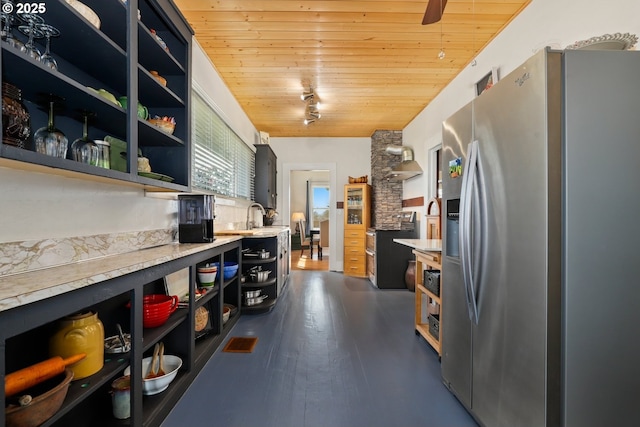 44409 SW Knight Rd, Gaston, OR 97119 - kitchen with open shelves, appliances with stainless steel finishes, wooden ceiling, light countertops, and dark wood-style floors