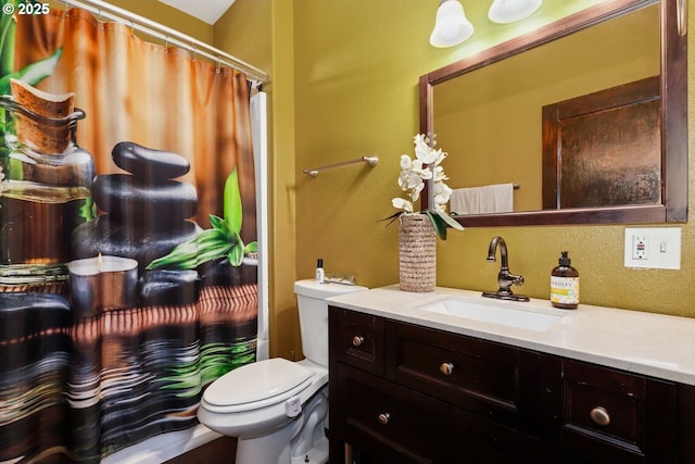 44409 SW Knight Rd, Gaston, OR 97119 - bathroom featuring toilet, vanity, curtained shower, and a textured wall