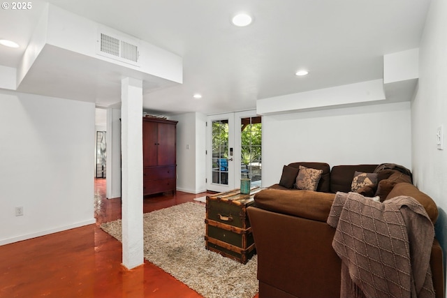 44409 SW Knight Rd, Gaston, OR 97119 - living area with french doors, recessed lighting, finished concrete flooring, and baseboards