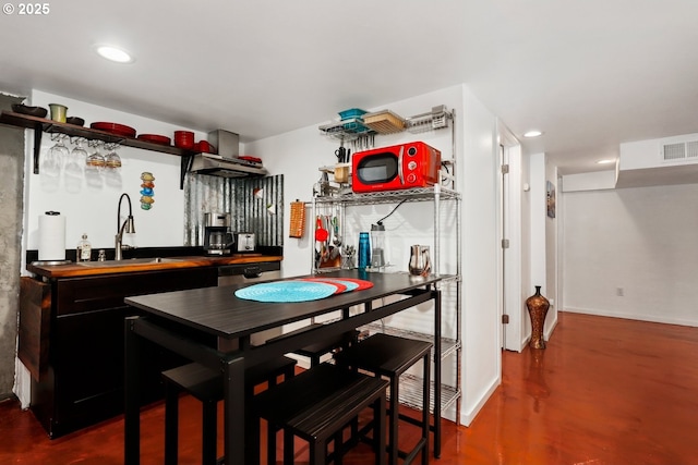 44409 SW Knight Rd, Gaston, OR 97119 - bar with a sink, wall chimney range hood, baseboards, and recessed lighting