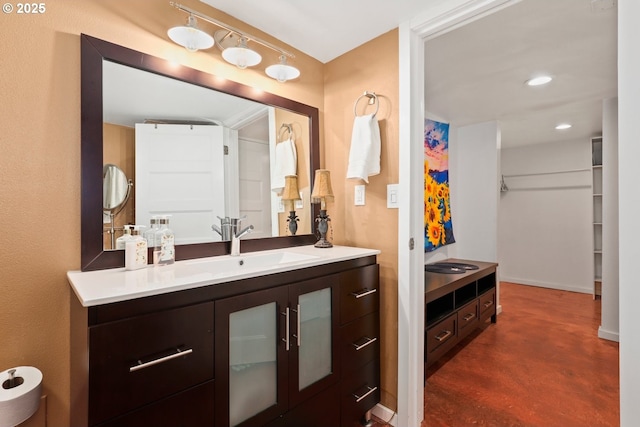 44409 SW Knight Rd, Gaston, OR 97119 - bathroom featuring vanity, baseboards, and recessed lighting