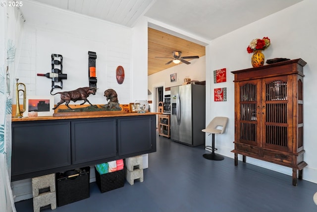 44409 SW Knight Rd, Gaston, OR 97119 - kitchen featuring stainless steel refrigerator with ice dispenser, ceiling fan, wooden ceiling, wooden counters, and baseboards