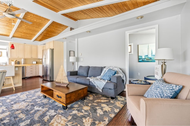 living area with wooden ceiling, vaulted ceiling with beams, hardwood / wood-style flooring, and plenty of natural light