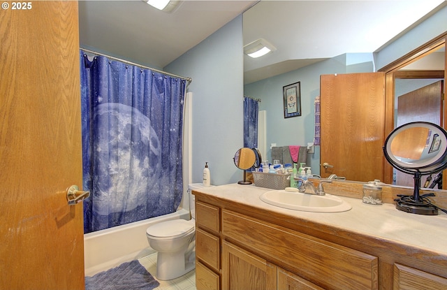 full bathroom featuring shower / bath combination with curtain, vanity, and toilet