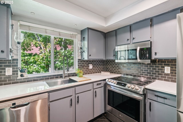 2818 Treetop Ln, West Linn, OR 97068 - kitchen featuring appliances with stainless steel finishes, a sink, gray cabinets, and light countertops