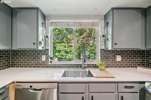2818 Treetop Ln, West Linn, OR 97068 - kitchen featuring dishwasher, gray cabinetry, a sink, and light countertops