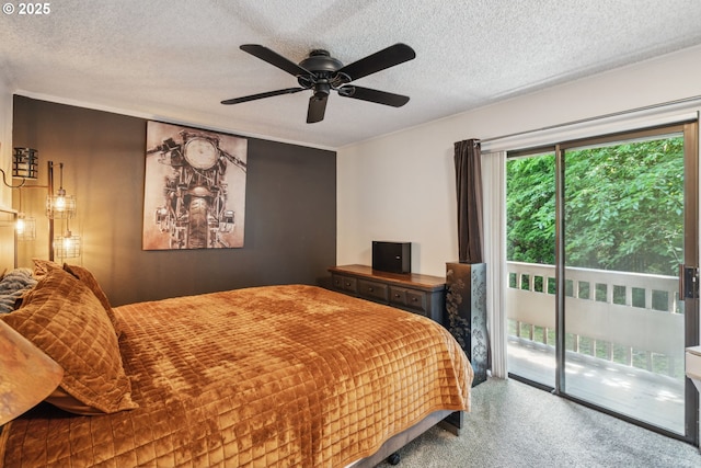 2818 Treetop Ln, West Linn, OR 97068 - bedroom featuring access to exterior, a textured ceiling, a ceiling fan, and carpet flooring