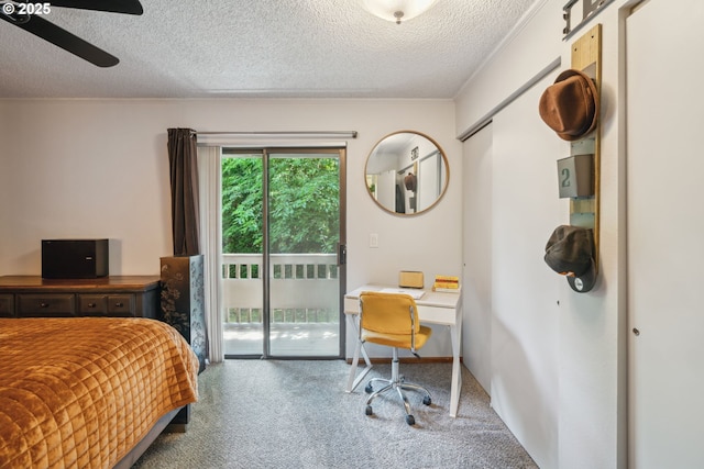 2818 Treetop Ln, West Linn, OR 97068 - bedroom with carpet, access to outside, a textured ceiling, a desk, and ceiling fan
