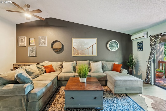 2818 Treetop Ln, West Linn, OR 97068 - living area with a wall unit AC, lofted ceiling, a ceiling fan, and wood finished floors