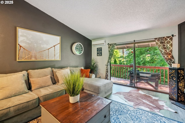 2818 Treetop Ln, West Linn, OR 97068 - living room featuring vaulted ceiling, a wall mounted air conditioner, and a textured ceiling
