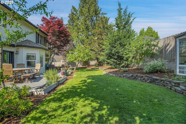 view of yard with a fenced backyard and a deck