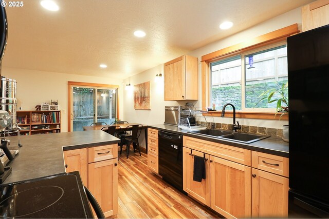 kitchen featuring black appliances, light wood-type flooring, sink, and light brown cabinets