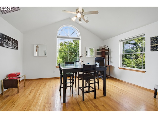 dining room with visible vents, lofted ceiling, a healthy amount of sunlight, and light wood-type flooring