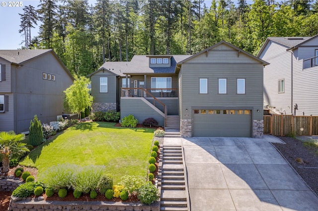 3625 Snowberry Rd, Eugene, OR 97403 - view of front of home with stairway, stone siding, an attached garage, and concrete driveway