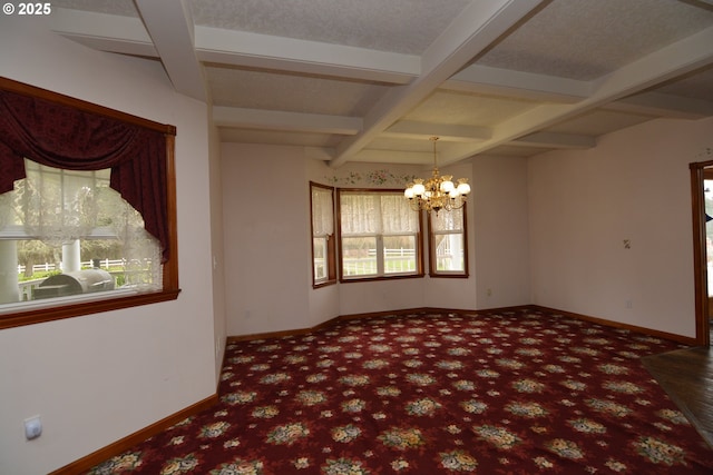 1397 State Route 506, Vader, WA 98593 - carpeted empty room with coffered ceiling, a chandelier, and beamed ceiling
