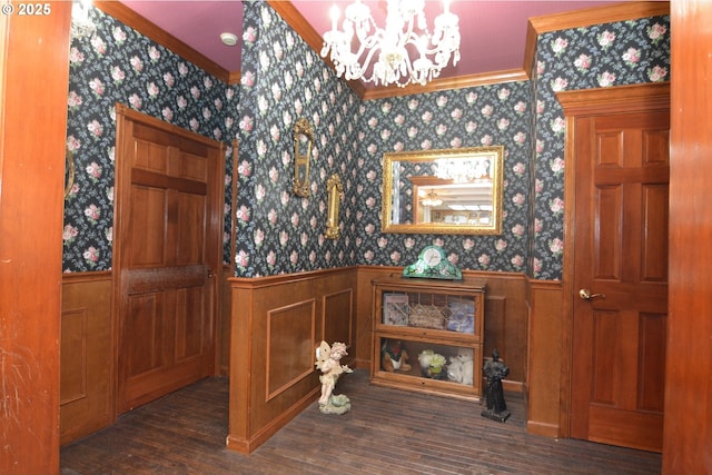 1397 State Route 506, Vader, WA 98593 - wine room with a wainscoted wall, wallpapered walls, a chandelier, wood finished floors, and ornamental molding