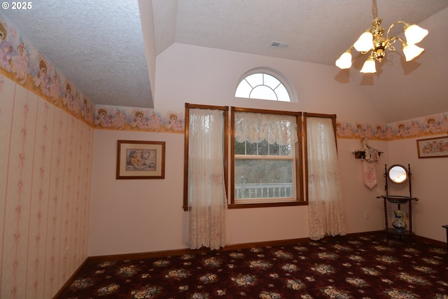 1397 State Route 506, Vader, WA 98593 - carpeted spare room with lofted ceiling, a chandelier, and a textured ceiling