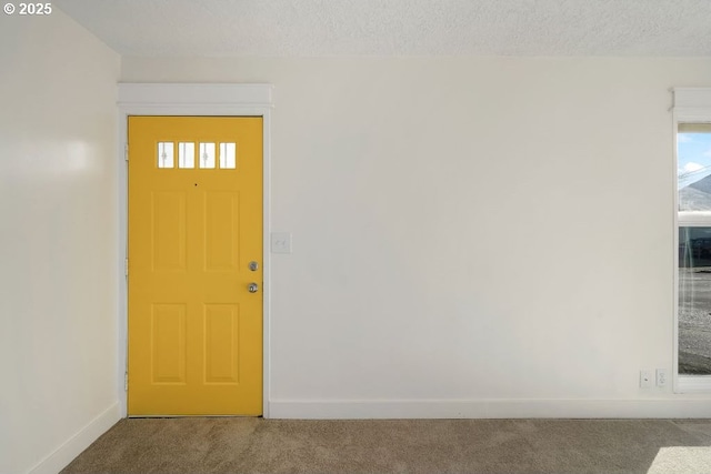 entrance foyer with carpet floors and a textured ceiling