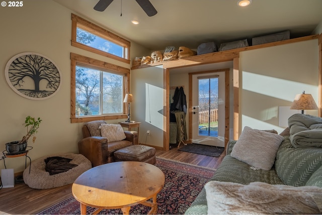 living room featuring dark wood-type flooring and ceiling fan