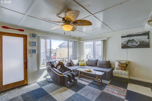 interior space featuring ceiling fan