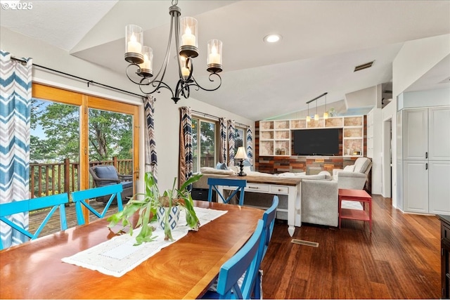 dining space featuring vaulted ceiling, wood finished floors, a chandelier, built in features, and recessed lighting