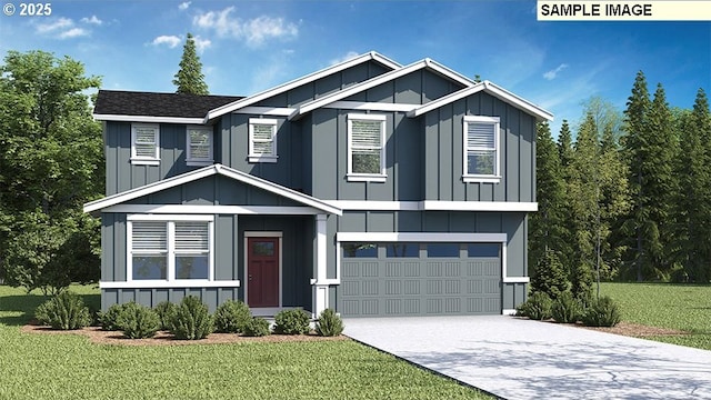 view of front facade with board and batten siding, an attached garage, driveway, and a front yard