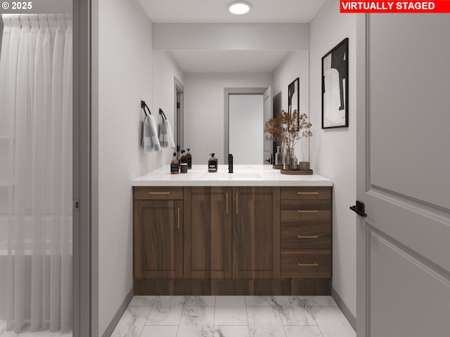 247 NW 29th Way, Battle Ground, WA 98604 - bathroom with marble finish flooring, vanity, baseboards, and recessed lighting