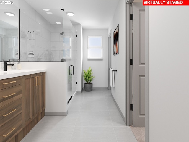 247 NW 29th Way, Battle Ground, WA 98604 - full bath with vanity, a stall shower, tile patterned flooring, and baseboards