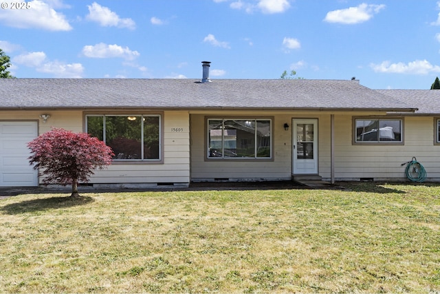 15605 SE 5th St, Vancouver, WA 98684 - ranch-style house with a front yard, crawl space, an attached garage, and a shingled roof