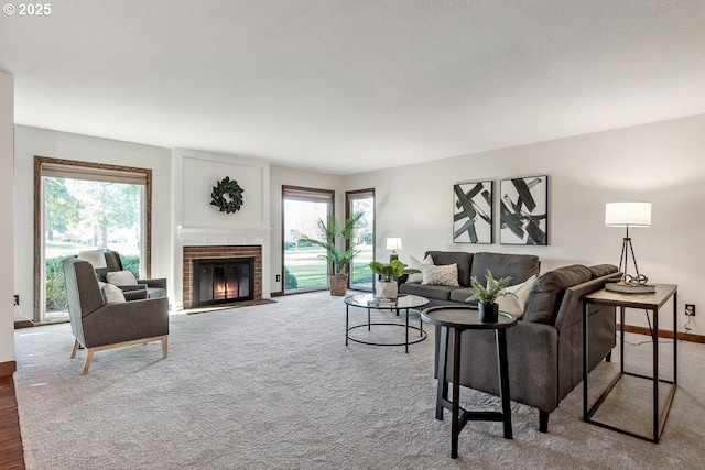 living room featuring a fireplace