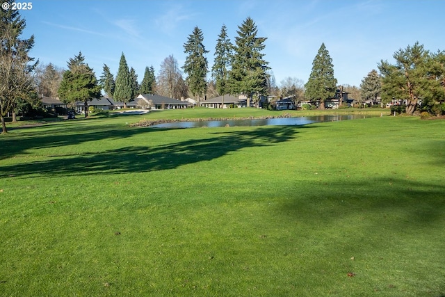 surrounding community featuring a lawn and a water view