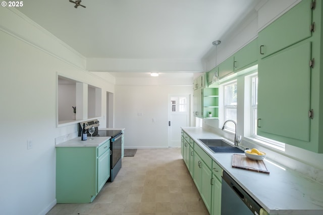 kitchen with stainless steel range with electric cooktop, green cabinets, dishwashing machine, a sink, and light countertops
