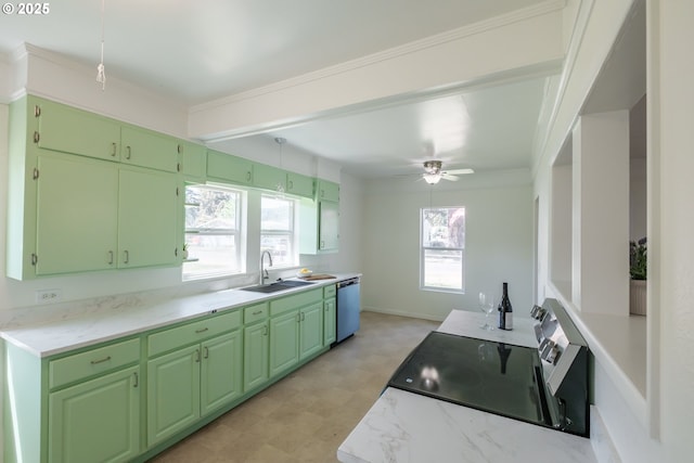 kitchen featuring a sink, green cabinets, dishwasher, range, and crown molding