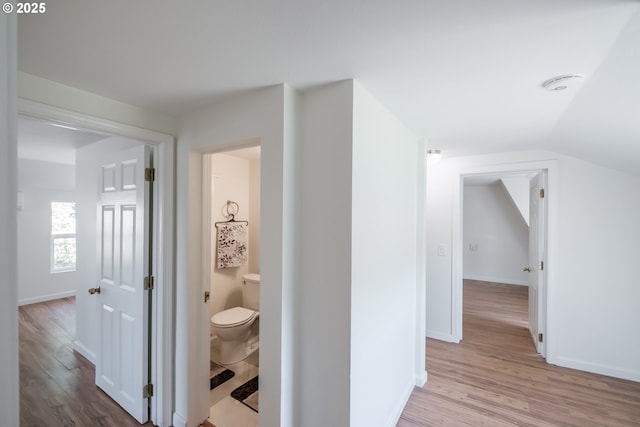 corridor with wood finished floors, lofted ceiling, and baseboards