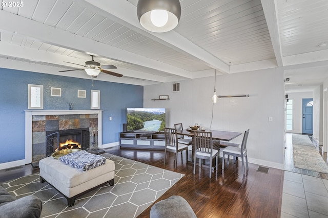 2064 Tualatin St, Saint Helens, OR 97051 - living room with a ceiling fan, wood finished floors, a tiled fireplace, and beam ceiling