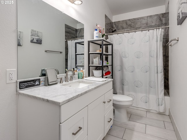 15807 SE Rainier Ave, Clackamas, OR 97015 - bathroom featuring toilet, shower / tub combo, vanity, and tile patterned flooring