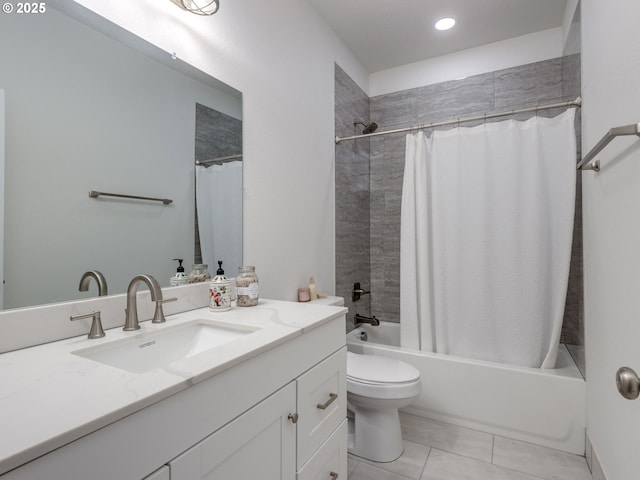 15807 SE Rainier Ave, Clackamas, OR 97015 - bathroom with shower / bath combination with curtain, tile patterned flooring, vanity, and toilet