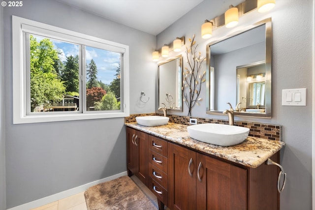 17810 Sarah Hill Ln, Lake Oswego, OR 97035 - full bathroom with backsplash, double vanity, and tile patterned flooring