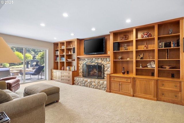 17810 Sarah Hill Ln, Lake Oswego, OR 97035 - living area with carpet floors, a fireplace, and recessed lighting
