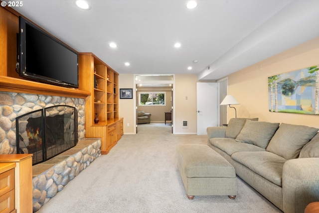 17810 Sarah Hill Ln, Lake Oswego, OR 97035 - living area featuring light colored carpet, recessed lighting, and a fireplace