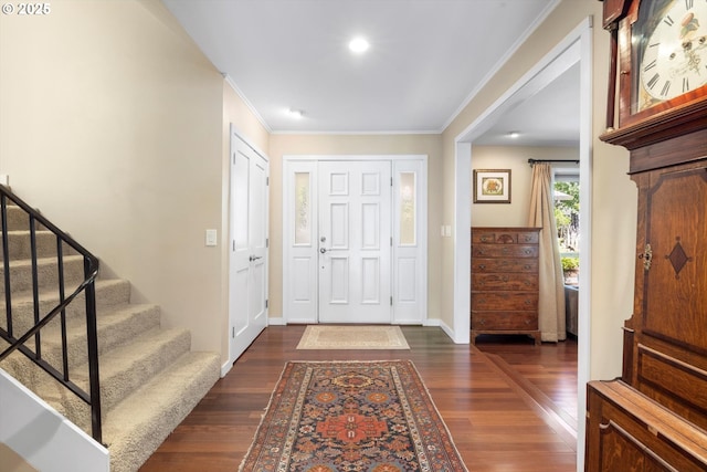 17810 Sarah Hill Ln, Lake Oswego, OR 97035 - entrance foyer with dark wood-style flooring, stairway, and ornamental molding