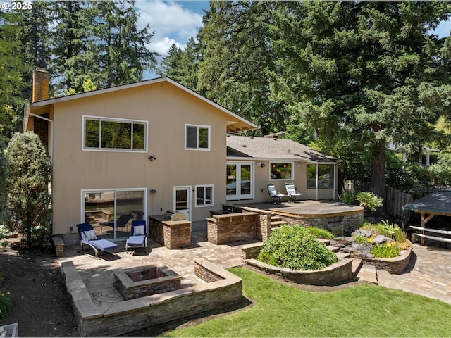 17810 Sarah Hill Ln, Lake Oswego, OR 97035 - rear view of property with an outdoor fire pit, a patio area, and a chimney