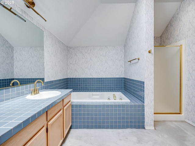 13811 SE 36th St, Vancouver, WA 98683 - full bathroom featuring vanity, a bath, vaulted ceiling, a shower stall, and wallpapered walls