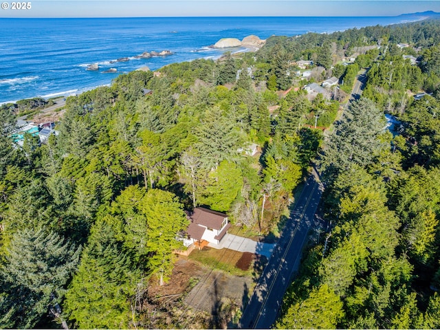 birds eye view of property featuring a water view and a view of trees