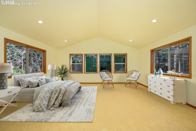 bedroom featuring lofted ceiling, baseboards, carpet flooring, and recessed lighting