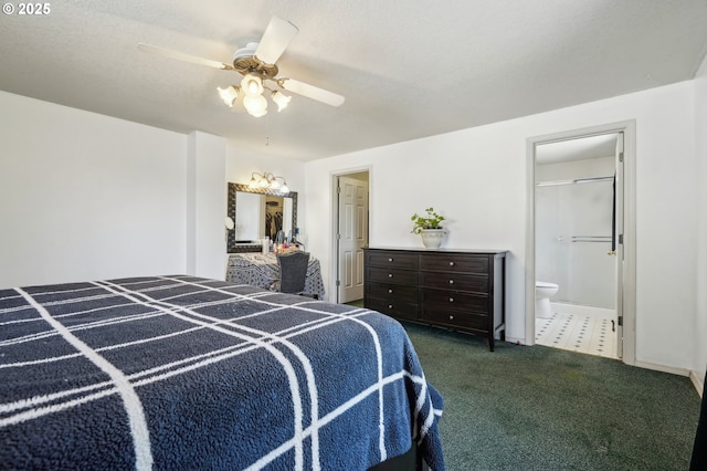 bedroom featuring carpet floors, a ceiling fan, and ensuite bath