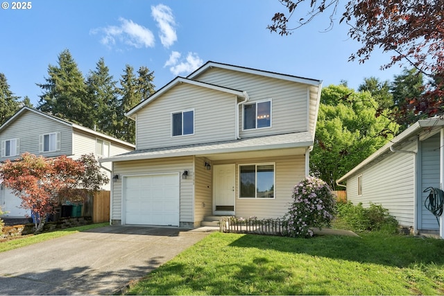 view of front of house featuring a garage, fence, concrete driveway, and a front lawn