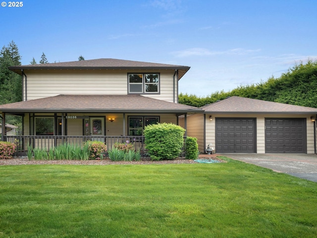 18036 NW Emmaus Ln, Portland, OR 97231 - view of front of house featuring covered porch, driveway, a front lawn, an attached garage, and roof with shingles